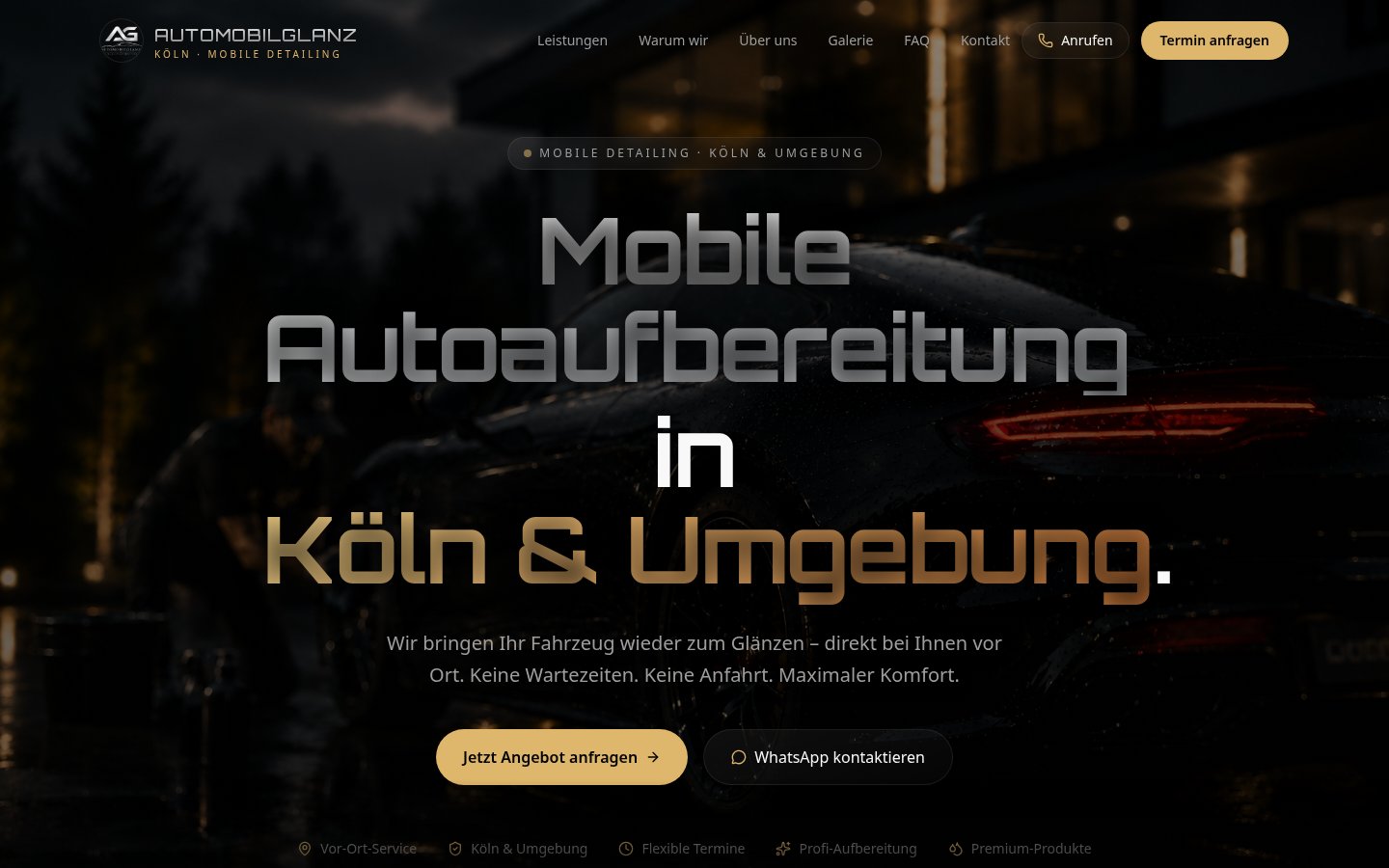 Desktop-Ansicht der Website Automobilglanz — Mobile Autoaufbereitung